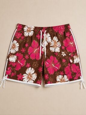 Ingear Mens Cargo Board Shorts Brown Pink Hibiscus Floral Swim Trunks XXL/38 Y2K